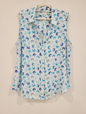 Talbots Blue Crab Print Flowy Button Down Tank Top Blouse